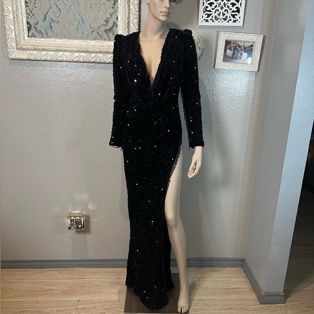Black Sequin Deep V-Neck cowl neckline Long Sleeve Evening Gown - Picture 1 of 14
